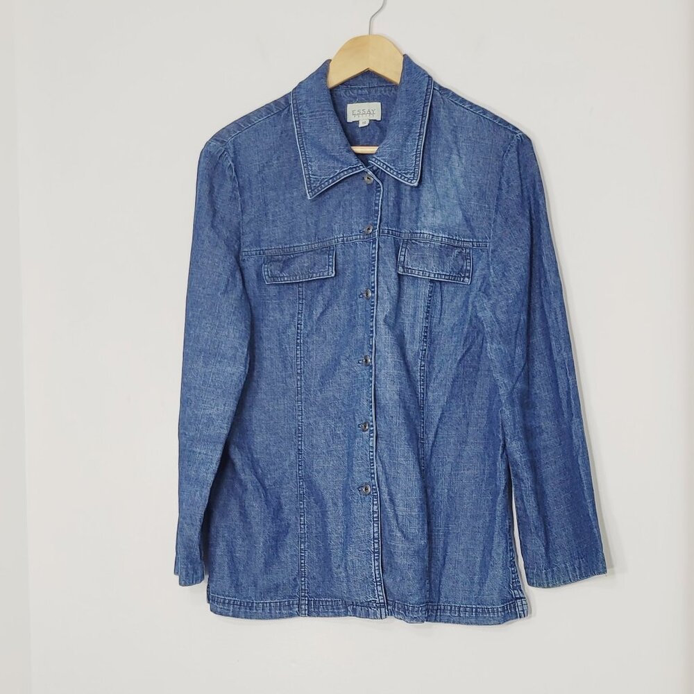 Essay Women's Blue Cotton Pockets Collared Button Down Denim Shirt Plus Size 16
